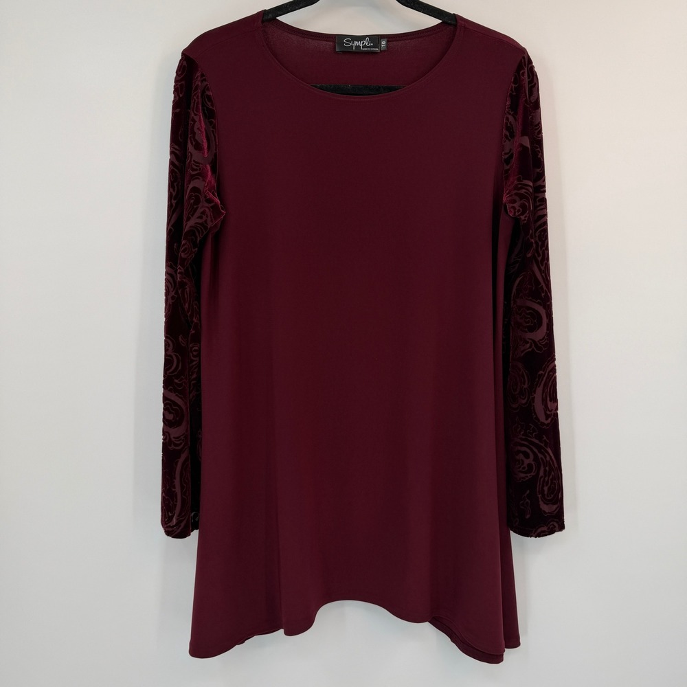 Sympli Burgundy Burnout Velvet‎ Paisley Sleeve Jersey Tunic Top Size 10 Romantic